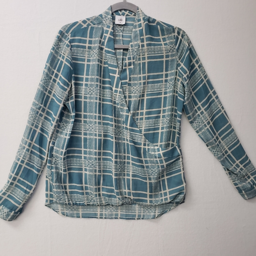 CAbi Womens XS Windowpane Faux Wrap LS Blouse Teal Blue Cream 3068 High low Hem